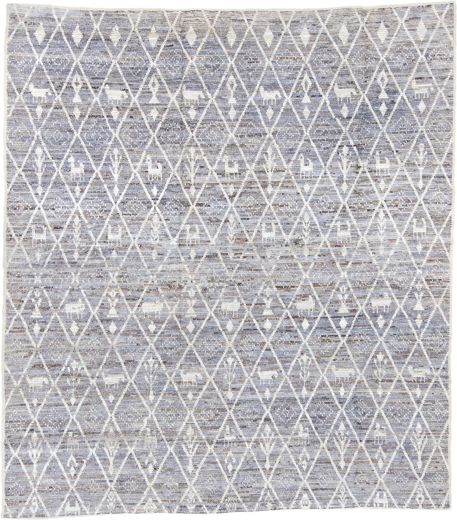8' x 9' one-of-a-kind handmade vintage Tulu rug. Color palette: ivory, gray, taupe, greige, stone, beige