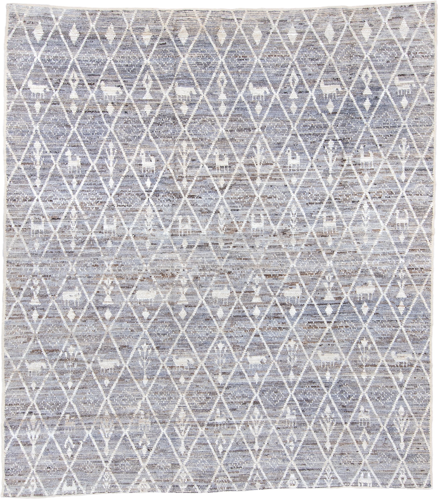8' x 9' one-of-a-kind handmade vintage Tulu rug. Color palette: ivory, gray, taupe, greige, stone, beige