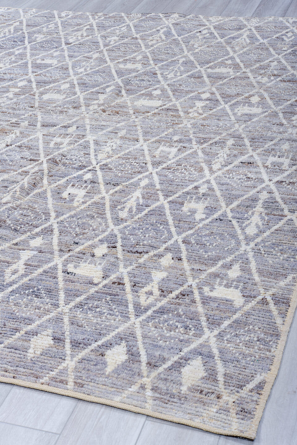 8' x 9' one-of-a-kind handmade vintage Tulu rug. Color palette: ivory, gray, taupe, greige, stone, beige