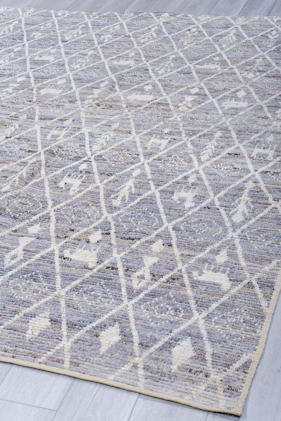 8' x 9' one-of-a-kind handmade vintage Tulu rug. Color palette: ivory, gray, taupe, greige, stone, beige