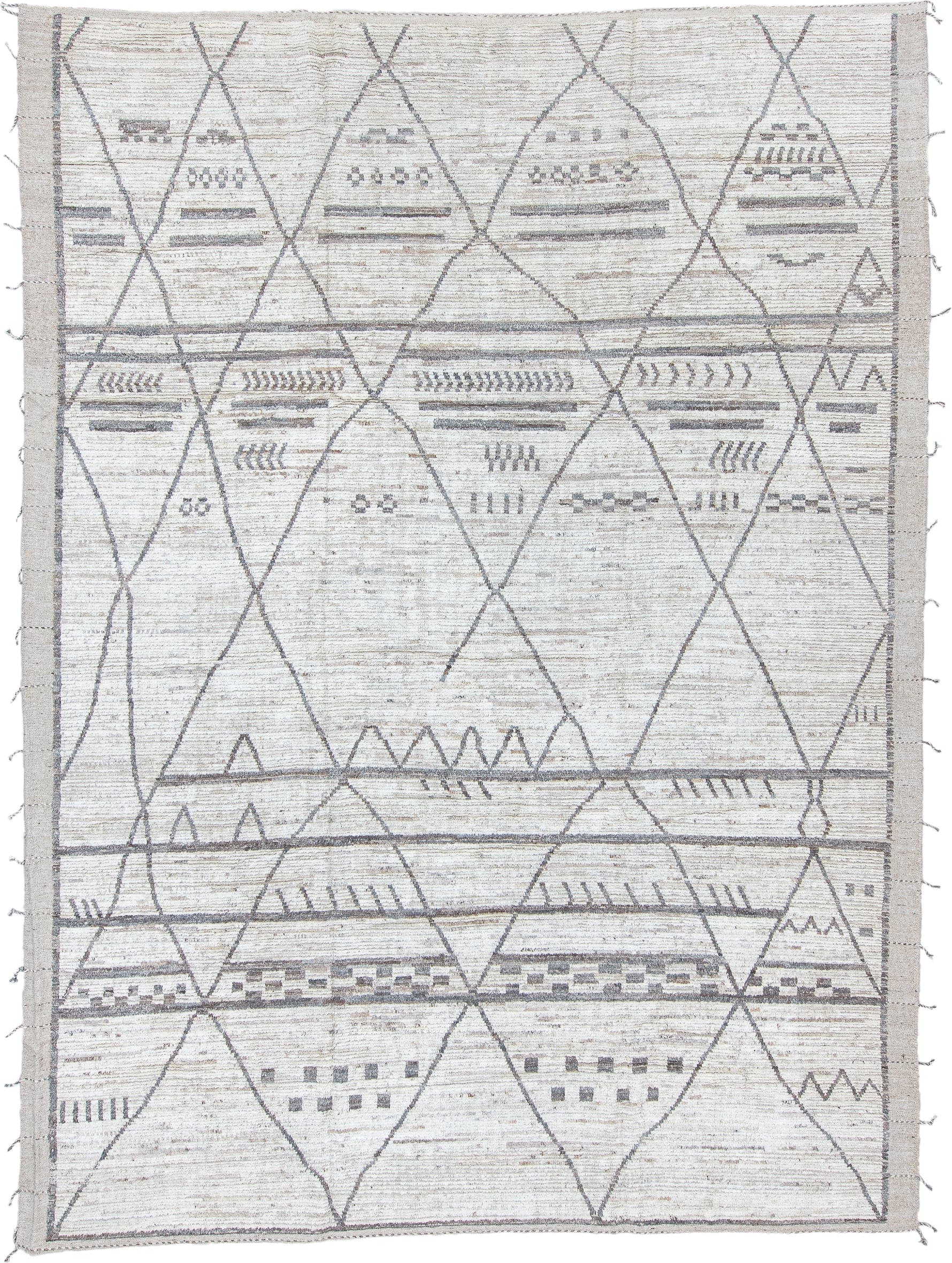 10' x 13' one-of-a-kind handmade vintage Tulu large size rug. Color palette: ivory, taupe, gray, greige, charcoal, beige