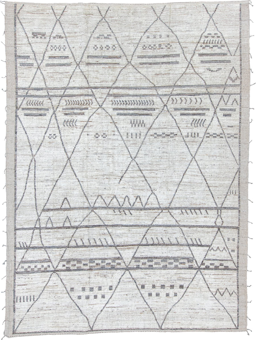 10' x 13' one-of-a-kind handmade vintage Tulu large size rug. Color palette: ivory, taupe, gray, greige, charcoal, beige