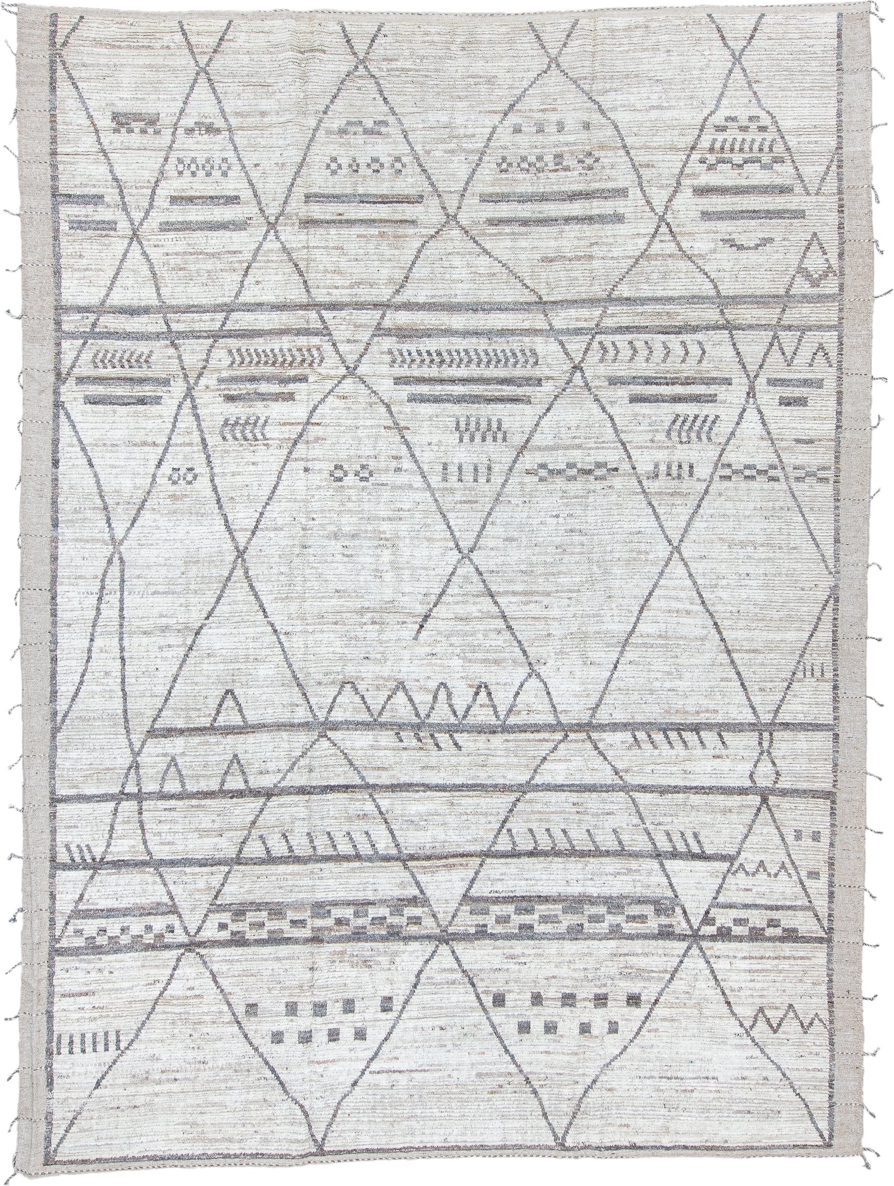 10' x 13' one-of-a-kind handmade vintage Tulu large size rug. Color palette: ivory, taupe, gray, greige, charcoal, beige