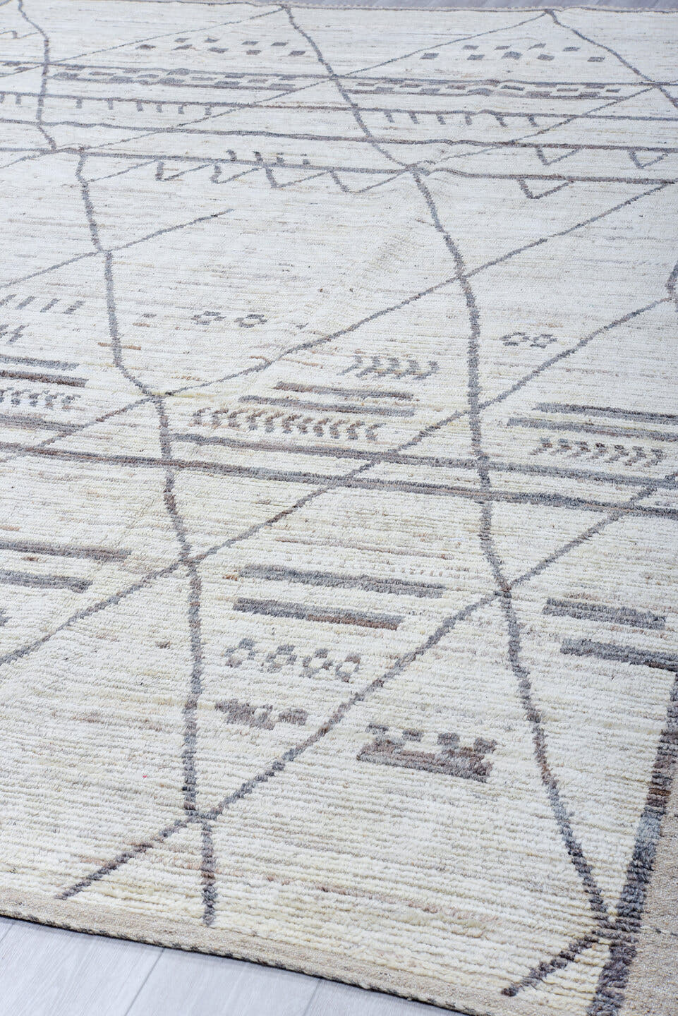 10' x 13' one-of-a-kind handmade vintage Tulu large size rug. Color palette: ivory, taupe, gray, greige, charcoal, beige