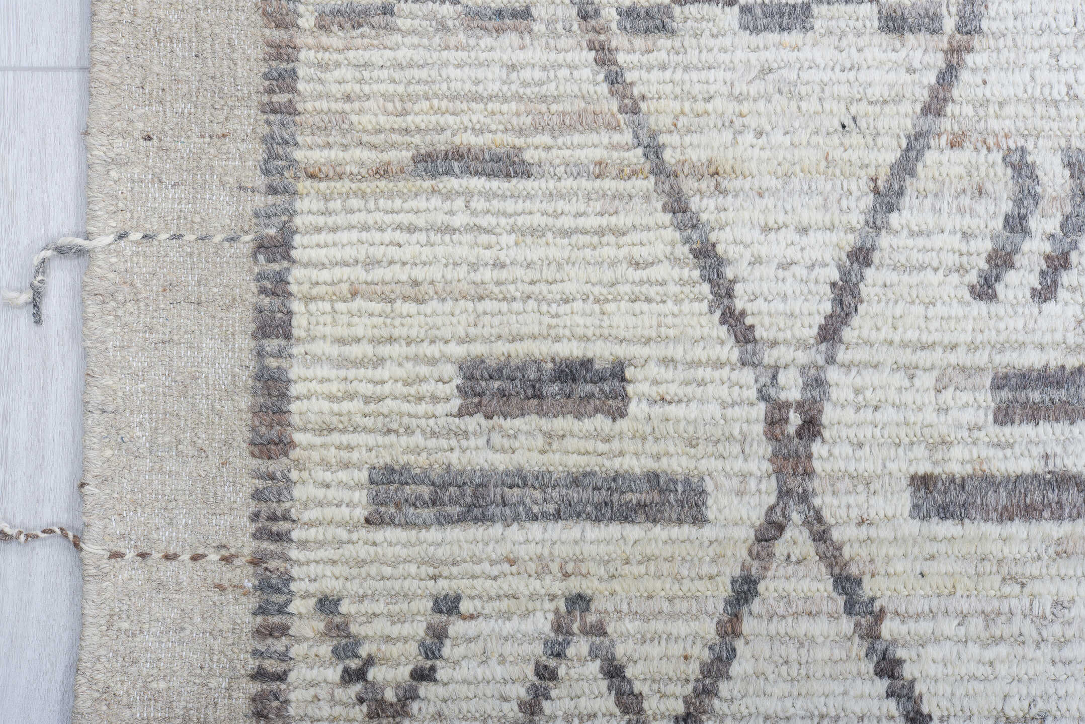 10' x 13' one-of-a-kind handmade vintage Tulu large size rug. Color palette: ivory, taupe, gray, greige, charcoal, beige