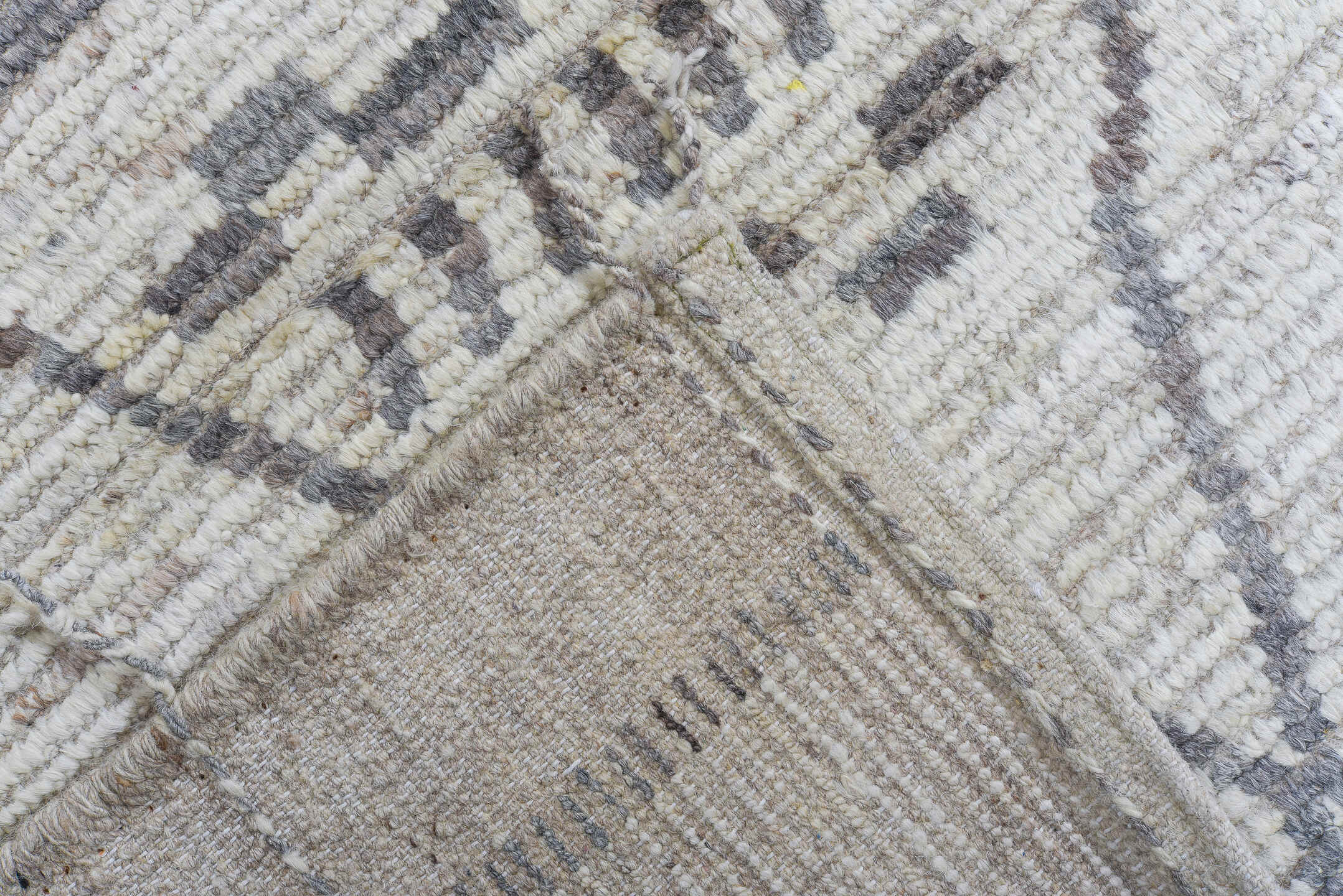10' x 13' one-of-a-kind handmade vintage Tulu large size rug. Color palette: ivory, taupe, gray, greige, charcoal, beige