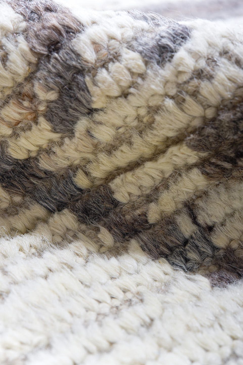 10' x 13' one-of-a-kind handmade vintage Tulu large size rug. Color palette: ivory, taupe, gray, greige, charcoal, beige