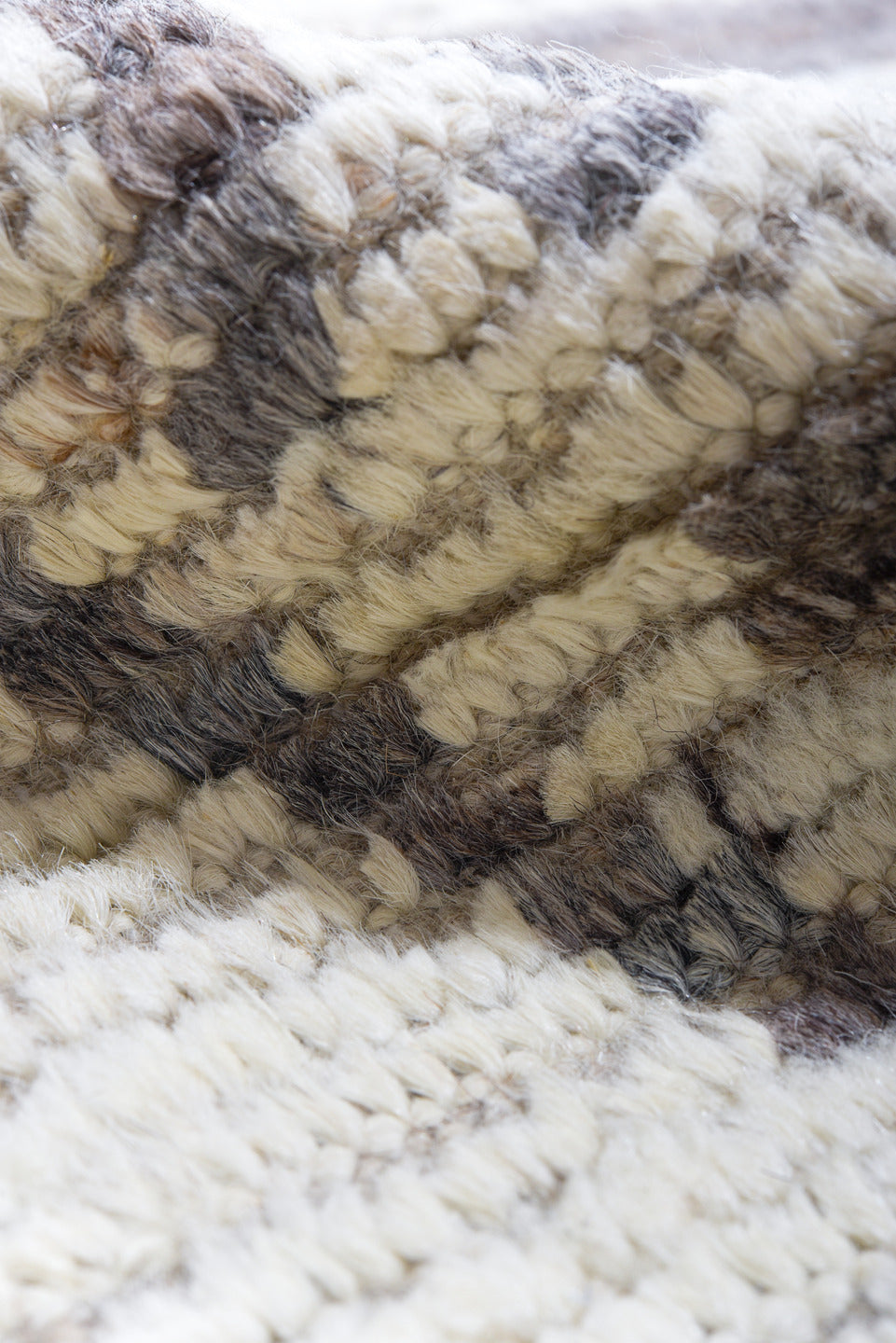 10' x 13' one-of-a-kind handmade vintage Tulu large size rug. Color palette: ivory, taupe, gray, greige, charcoal, beige