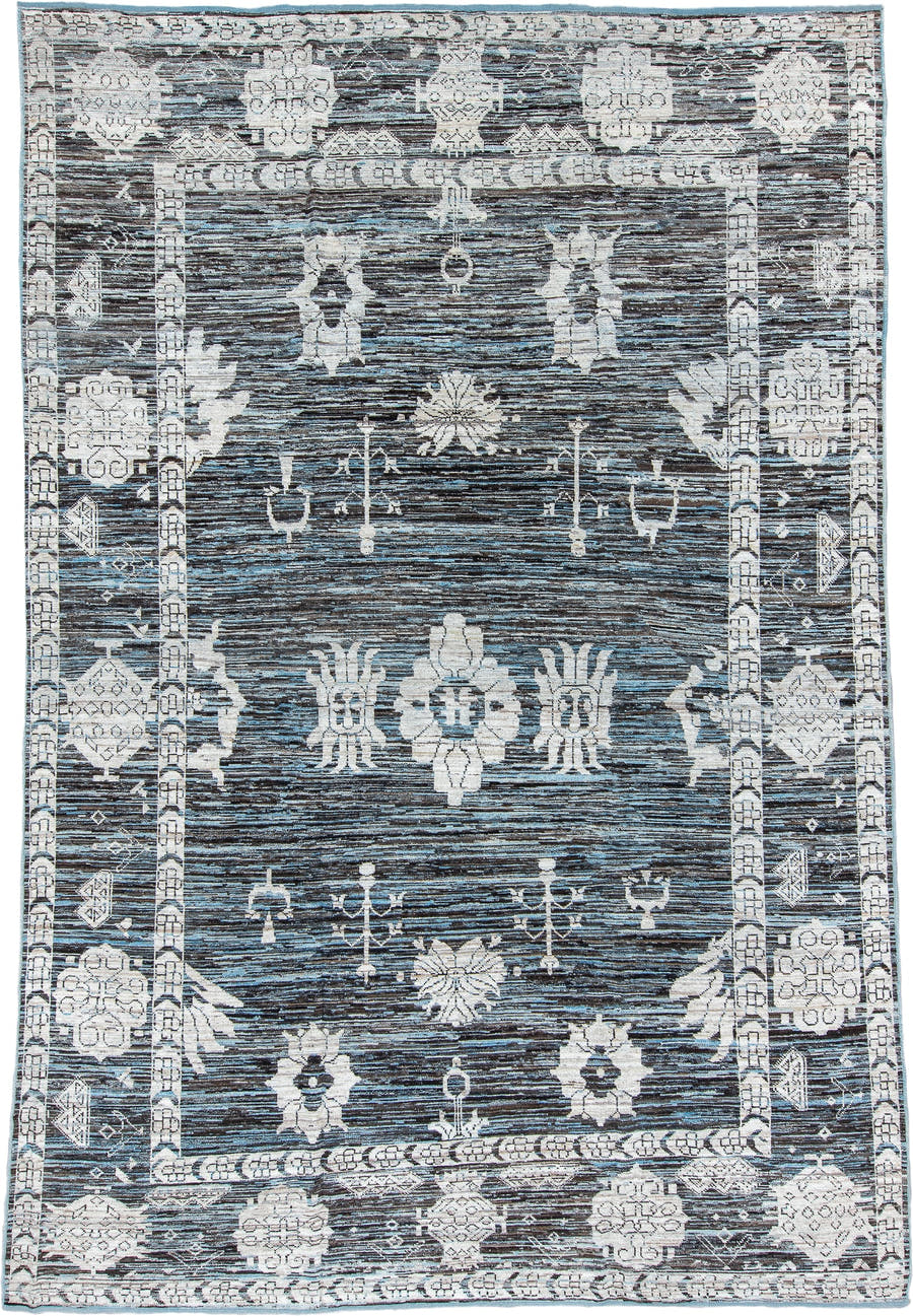 9' x 14' one-of-a-kind handmade vintage Tulu large size rug. Color palette: charcoal, ivory, sky blue, slate, cream, gray