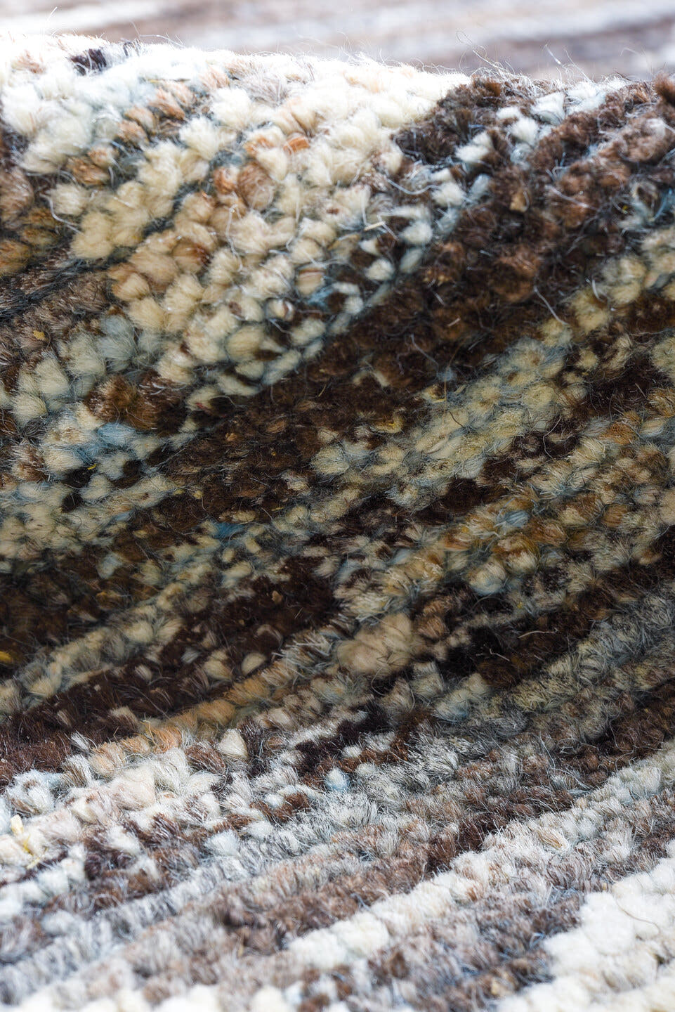 9' x 14' one-of-a-kind handmade vintage Tulu large size rug. Color palette: charcoal, ivory, sky blue, slate, cream, gray