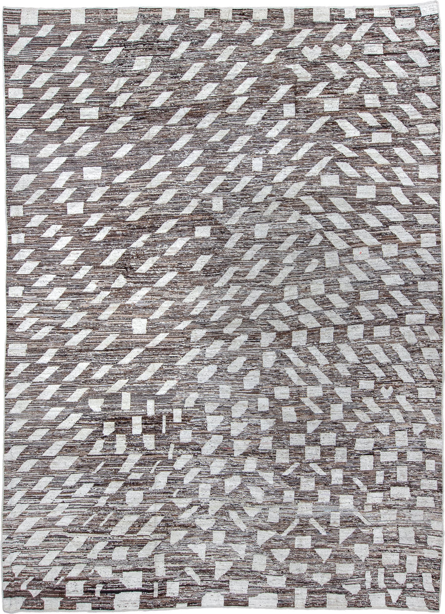 10' x 13' one-of-a-kind handmade vintage Tulu large size rug. Color palette: brown, ivory, taupe, beige, gray