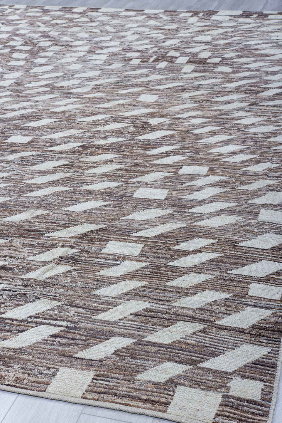 10' x 13' one-of-a-kind handmade vintage Tulu large size rug. Color palette: brown, ivory, taupe, beige, gray