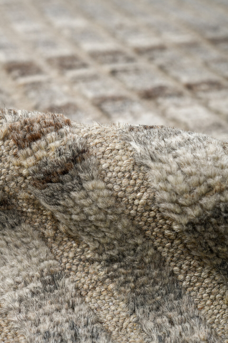 8' x 11' one-of-a-kind handmade vintage Tulu large size rug. Color palette: ivory, gray, taupe, cream, charcoal, beige