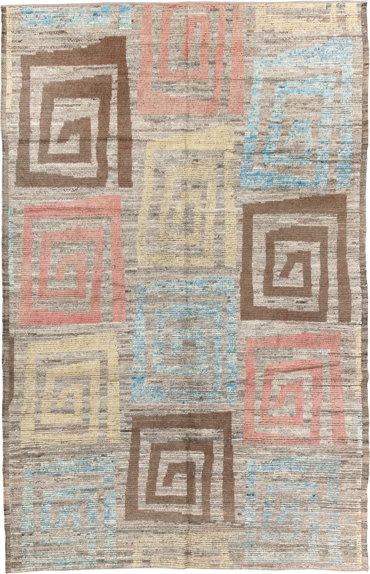 6' x 10' one-of-a-kind handmade vintage Tulu large size rug. Color palette: taupe, brown, sky blue, blush, pale yellow