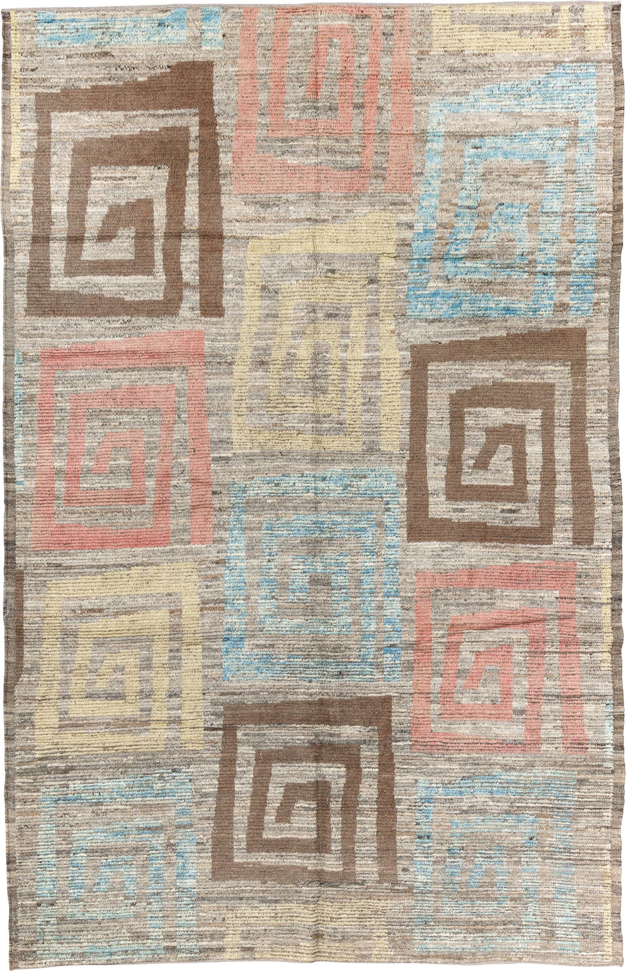 6' x 10' one-of-a-kind handmade vintage Tulu large size rug. Color palette: taupe, brown, sky blue, blush, pale yellow