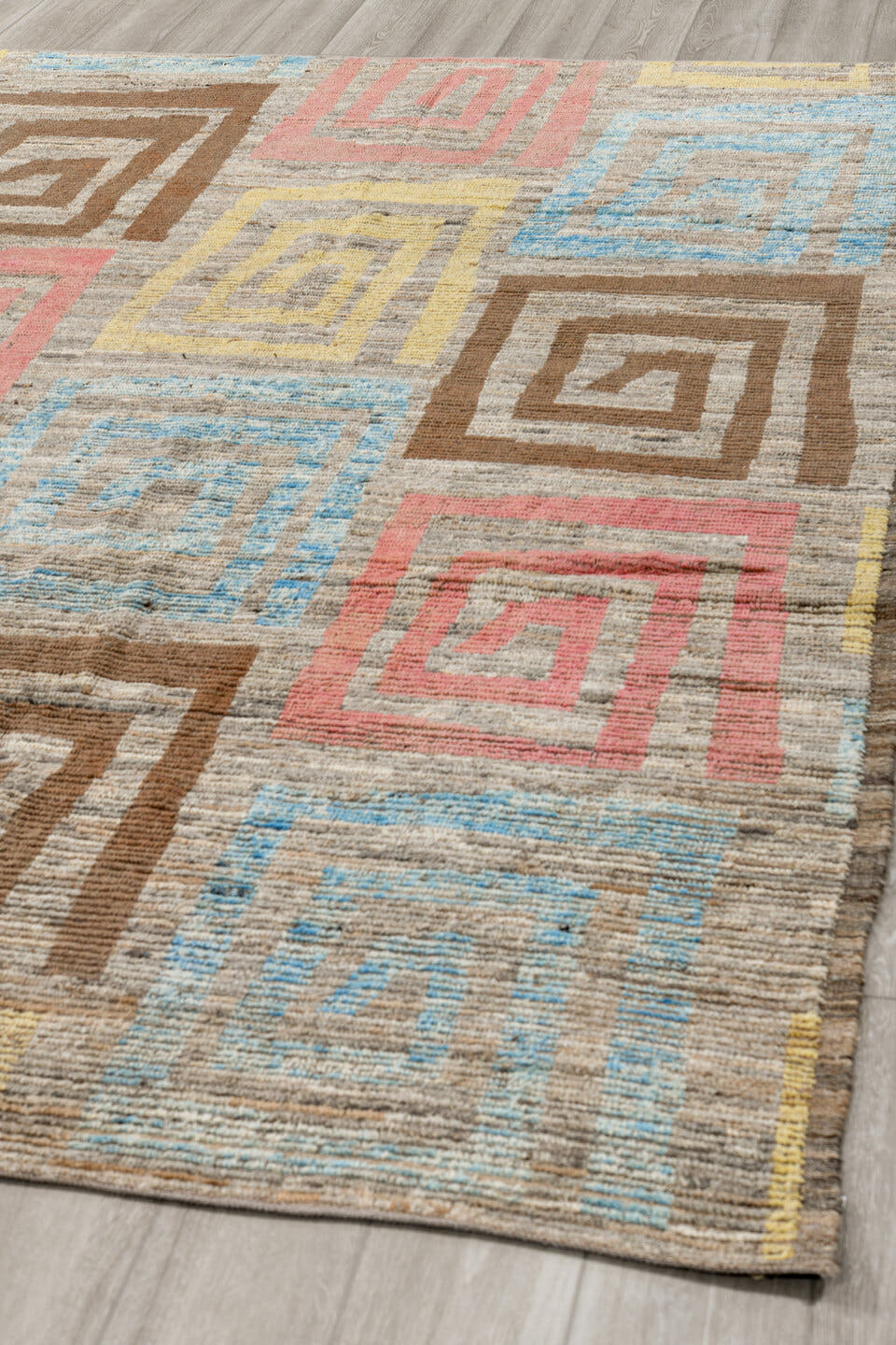 6' x 10' one-of-a-kind handmade vintage Tulu large size rug. Color palette: taupe, brown, sky blue, blush, pale yellow