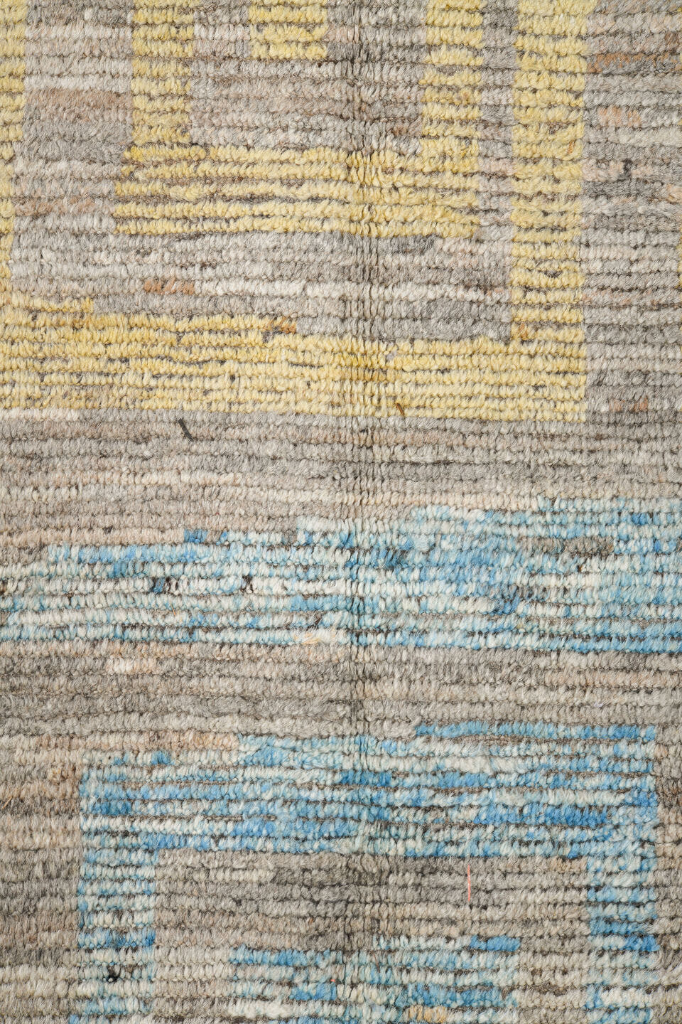 6' x 10' one-of-a-kind handmade vintage Tulu large size rug. Color palette: taupe, brown, sky blue, blush, pale yellow