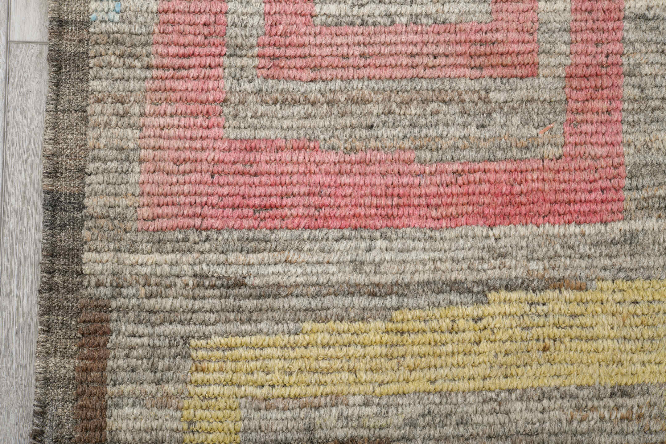 6' x 10' one-of-a-kind handmade vintage Tulu large size rug. Color palette: taupe, brown, sky blue, blush, pale yellow