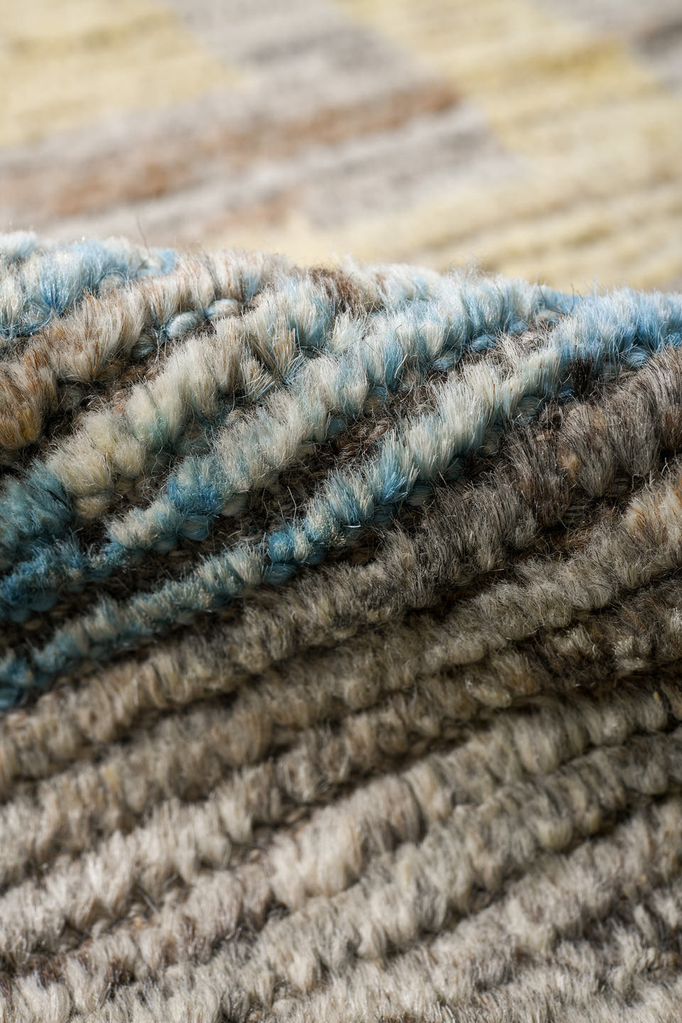 6' x 10' one-of-a-kind handmade vintage Tulu large size rug. Color palette: taupe, brown, sky blue, blush, pale yellow