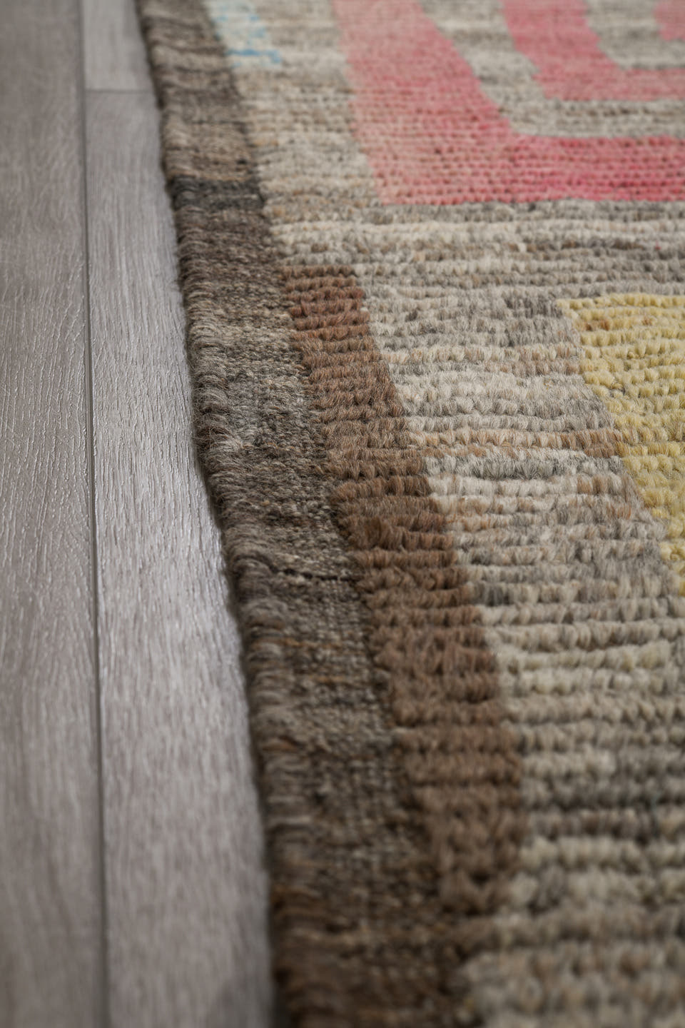 6' x 10' one-of-a-kind handmade vintage Tulu large size rug. Color palette: taupe, brown, sky blue, blush, pale yellow
