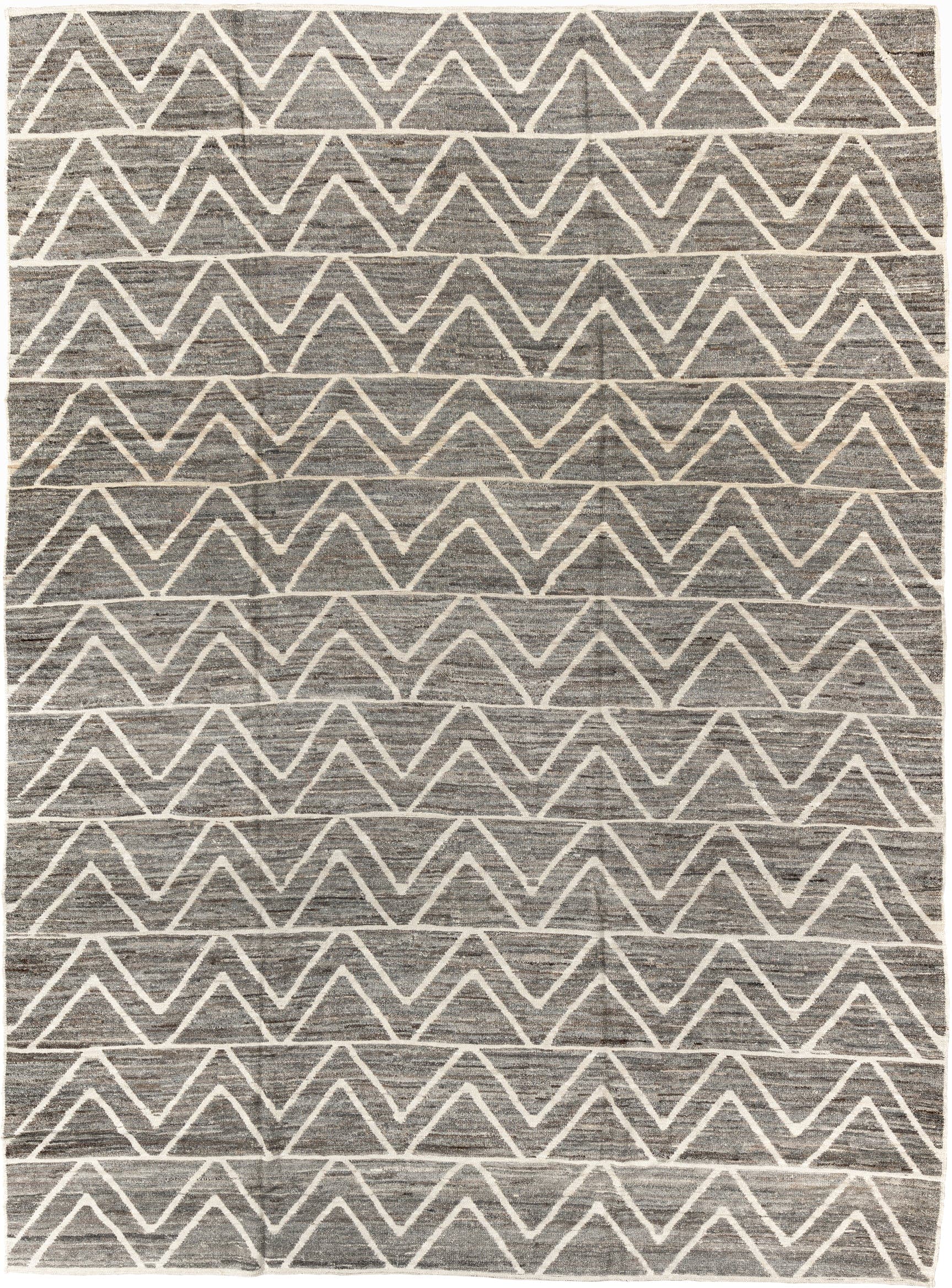 9' x 12' one-of-a-kind handmade vintage Tulu large size rug. Color palette: gray, ivory, taupe, charcoal, beige, black