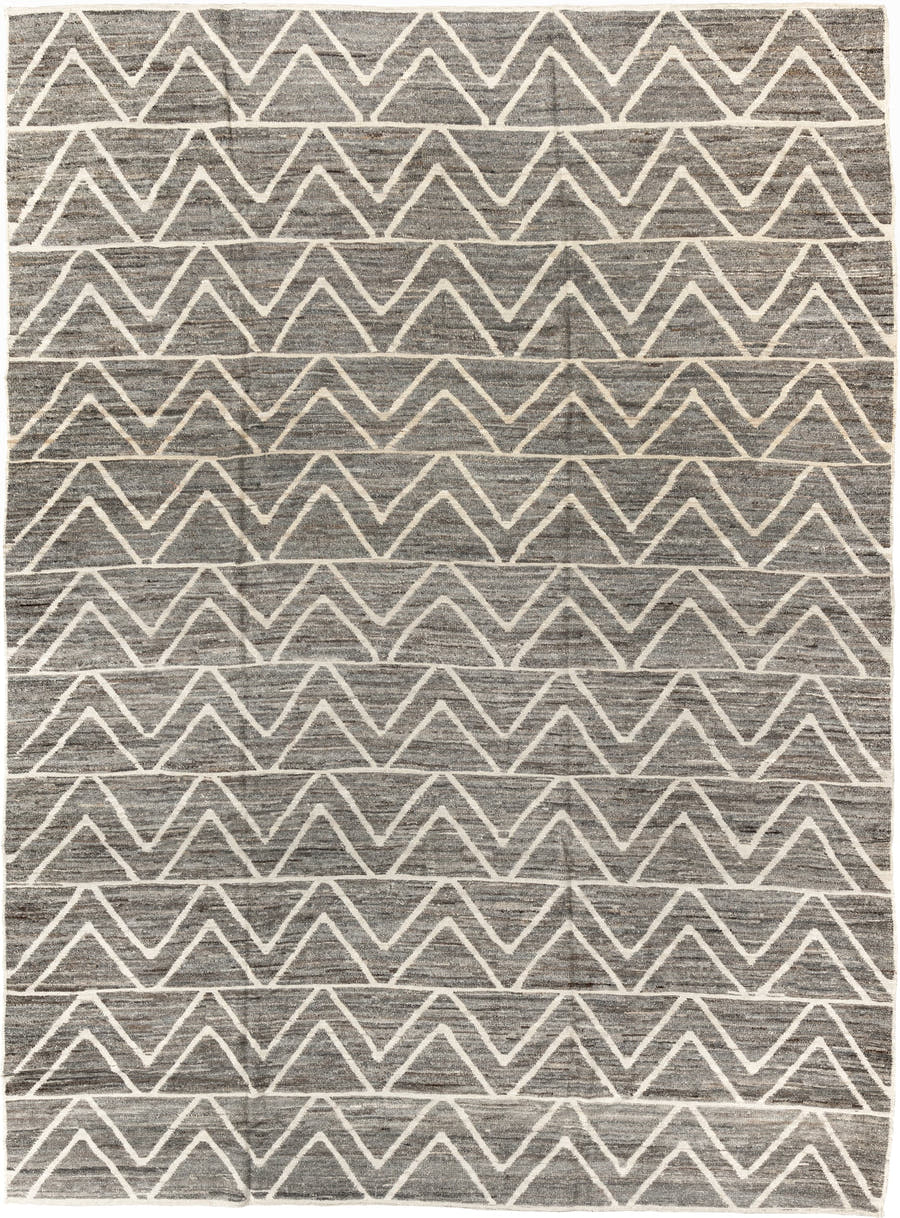 9' x 12' one-of-a-kind handmade vintage Tulu large size rug. Color palette: gray, ivory, taupe, charcoal, beige, black