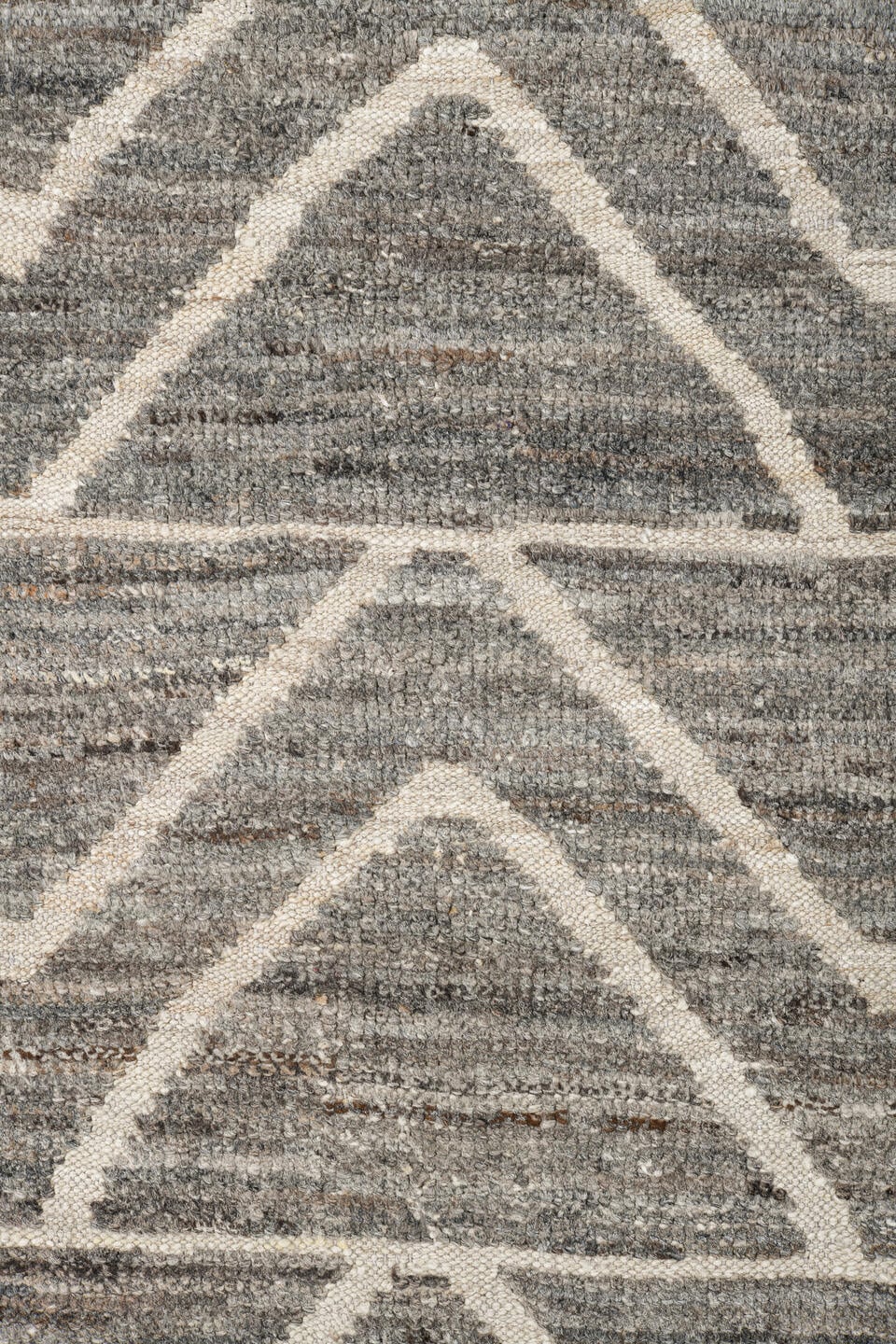 9' x 12' one-of-a-kind handmade vintage Tulu large size rug. Color palette: gray, ivory, taupe, charcoal, beige, black