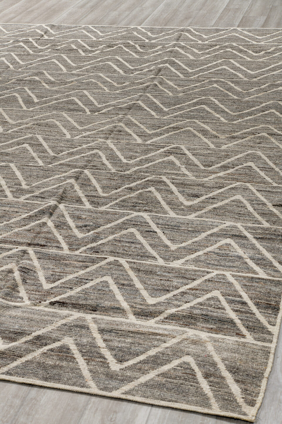 9' x 12' one-of-a-kind handmade vintage Tulu large size rug. Color palette: gray, ivory, taupe, charcoal, beige, black