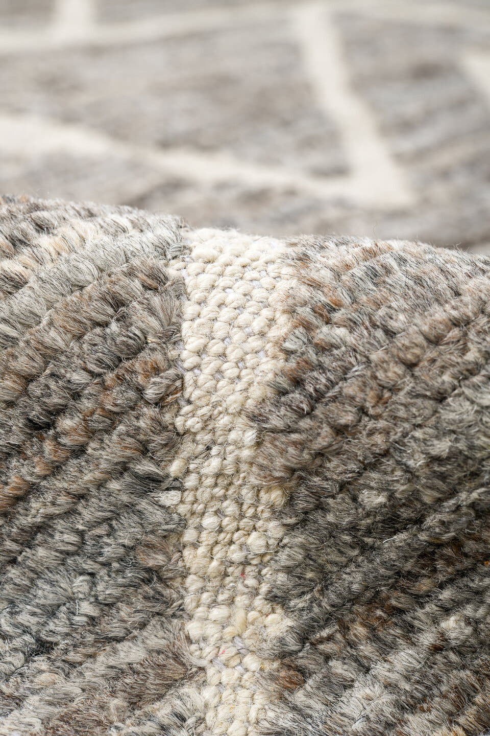 9' x 12' one-of-a-kind handmade vintage Tulu large size rug. Color palette: gray, ivory, taupe, charcoal, beige, black