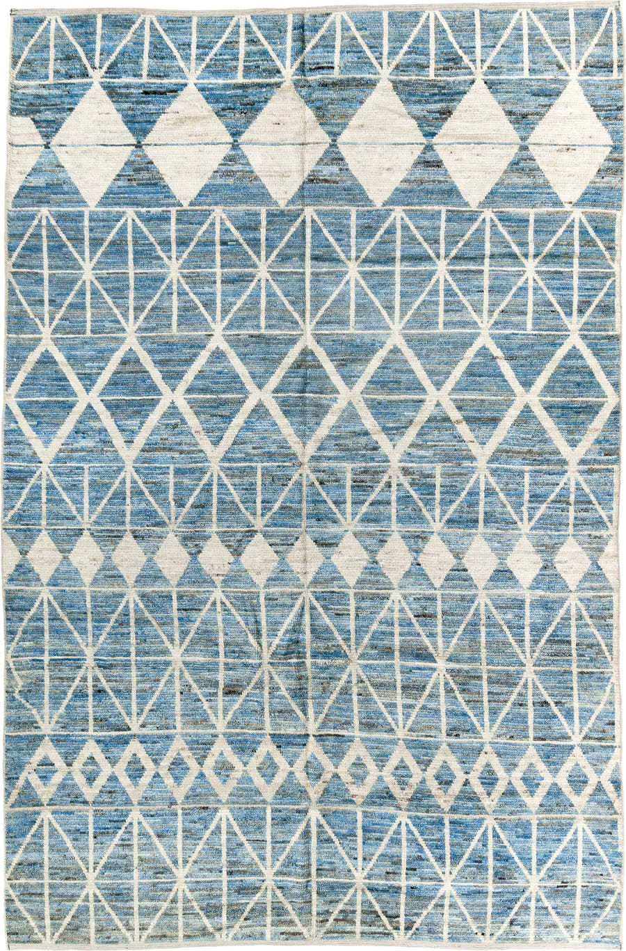 6' x 9' one-of-a-kind handmade vintage Tulu medium size rug. Color palette: sky blue, ivory, slate, denim, light blue, gray