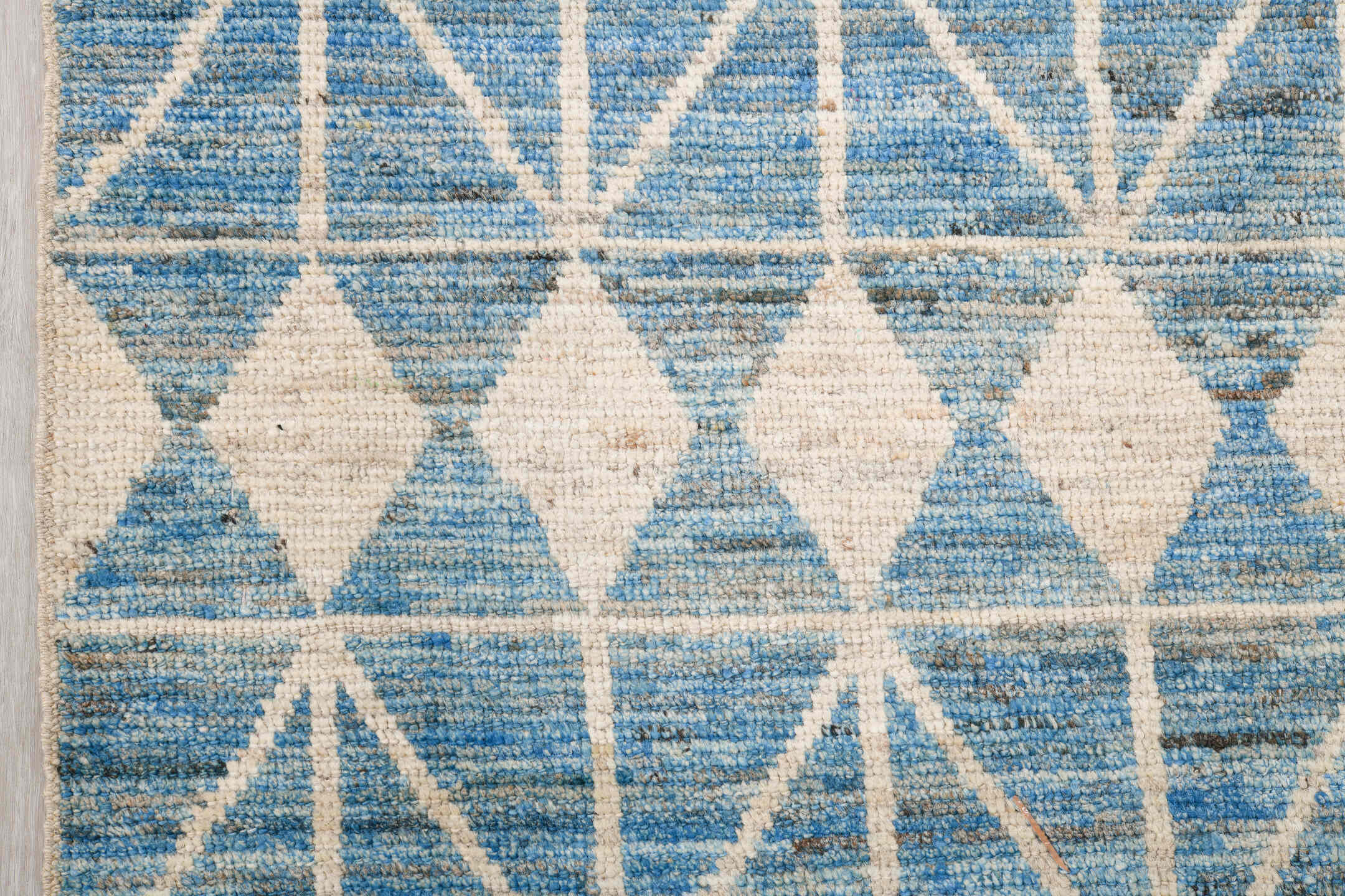 6' x 9' one-of-a-kind handmade vintage Tulu medium size rug. Color palette: sky blue, ivory, slate, denim, light blue, gray