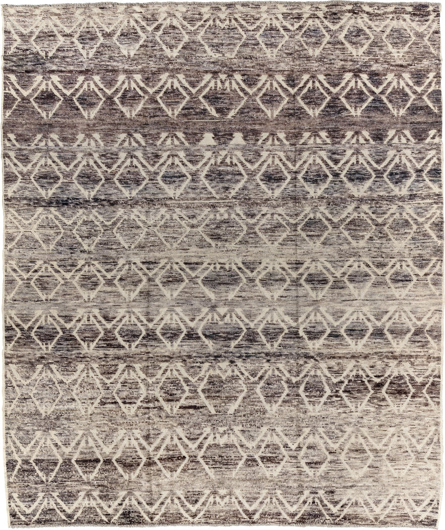 9' x 11' one-of-a-kind handmade vintage Tulu large size rug. Color palette: ivory, taupe, brown, charcoal, cream, beige