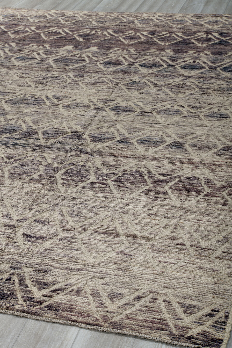 9' x 11' one-of-a-kind handmade vintage Tulu large size rug. Color palette: ivory, taupe, brown, charcoal, cream, beige