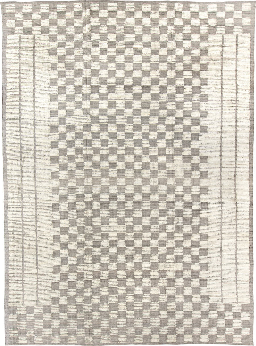 10' x 14' one-of-a-kind handmade vintage Tulu large size rug. Color palette: ivory, gray, taupe, beige