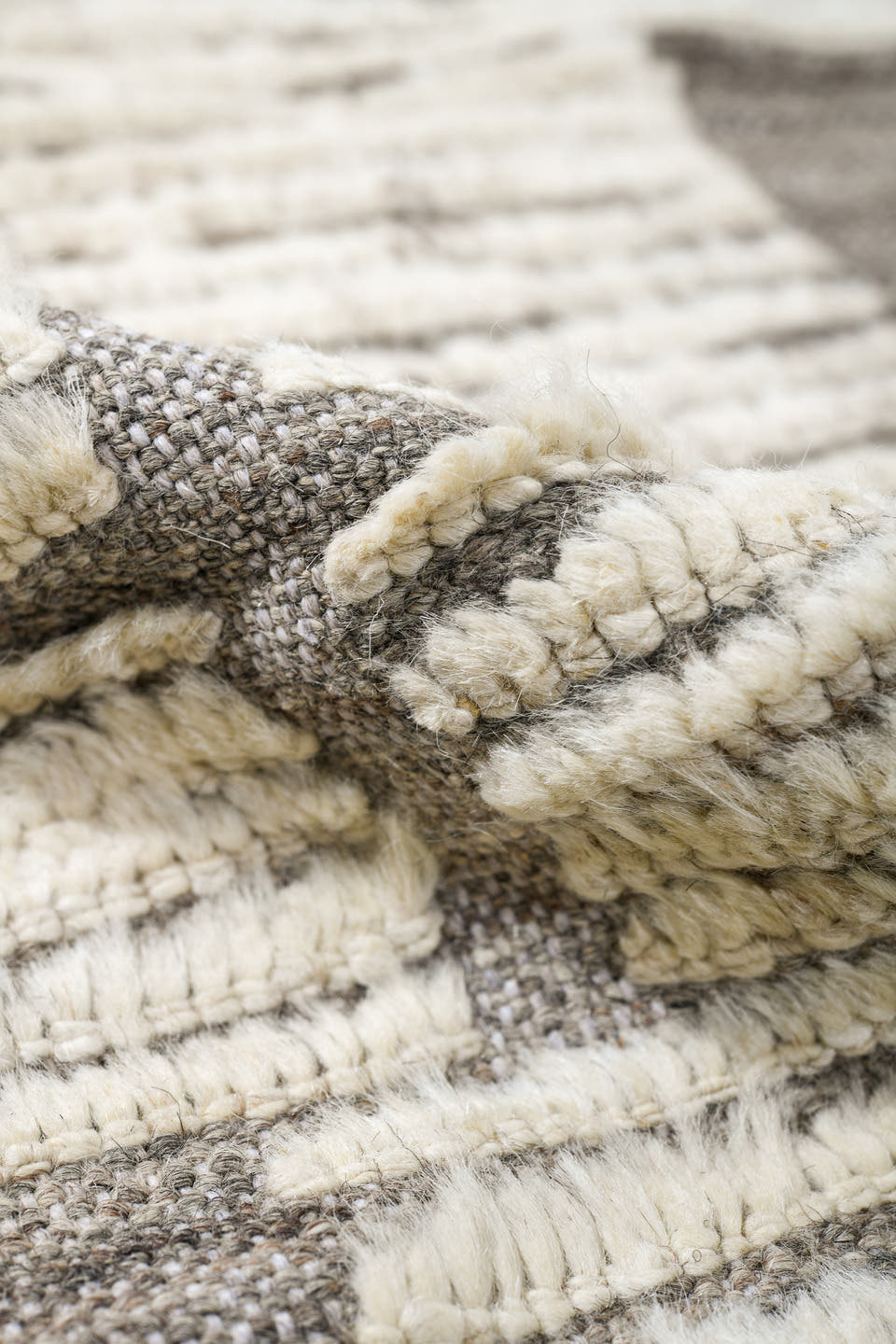 10' x 14' one-of-a-kind handmade vintage Tulu large size rug. Color palette: ivory, gray, taupe, beige