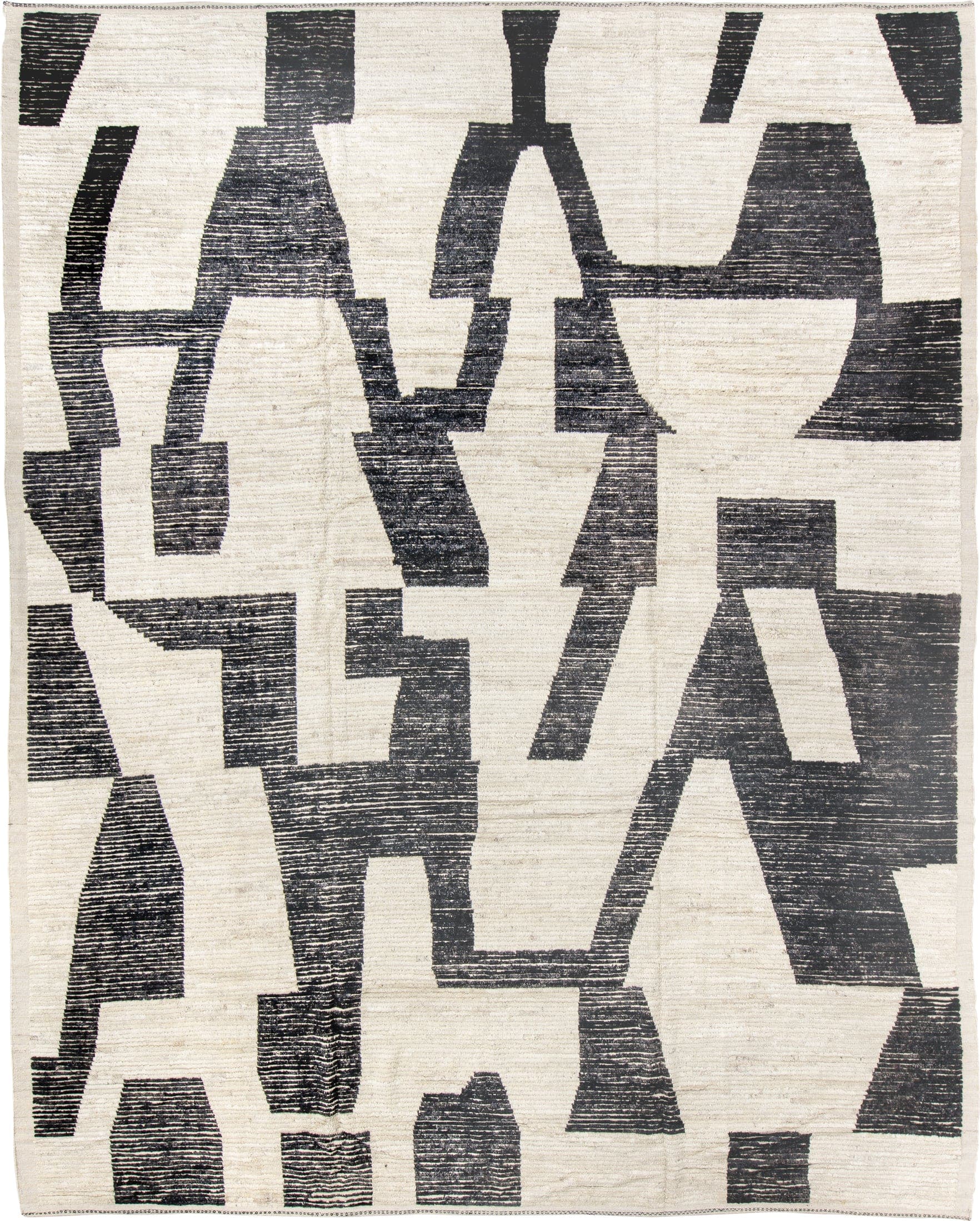 10' x 13' one-of-a-kind handmade vintage Tulu oversize rug. Color palette: ivory, charcoal, cream, black, gray