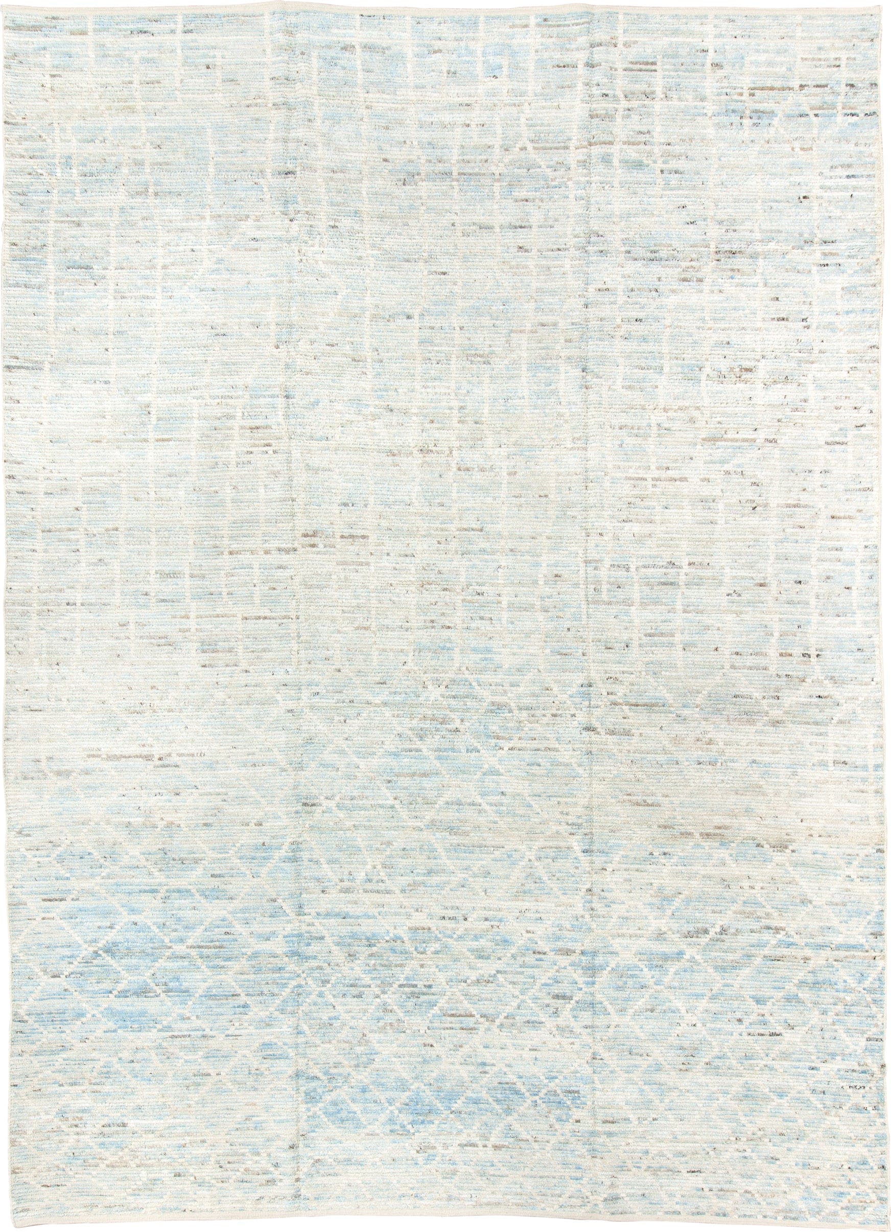 10' x 14' one-of-a-kind handmade vintage Tulu large size rug. Color palette: ivory, pale blue, cream, taupe, light gray