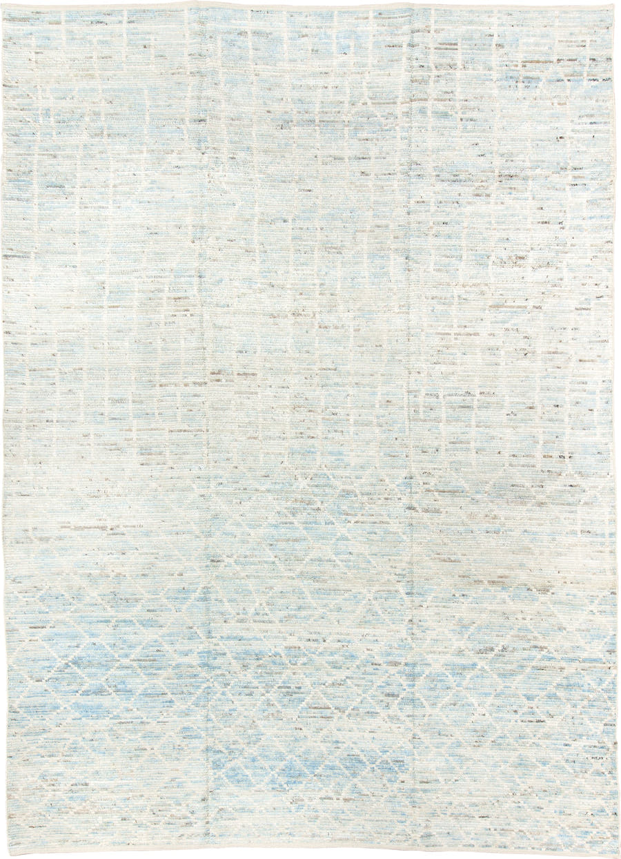 10' x 14' one-of-a-kind handmade vintage Tulu large size rug. Color palette: ivory, pale blue, cream, taupe, light gray