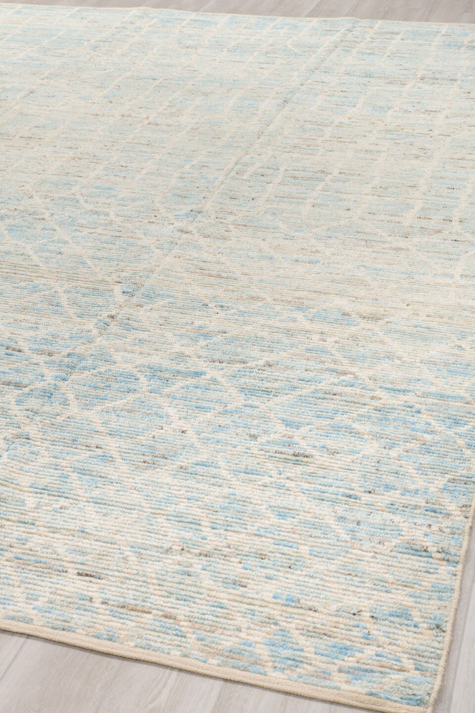 10' x 14' one-of-a-kind handmade vintage Tulu large size rug. Color palette: ivory, pale blue, cream, taupe, light gray