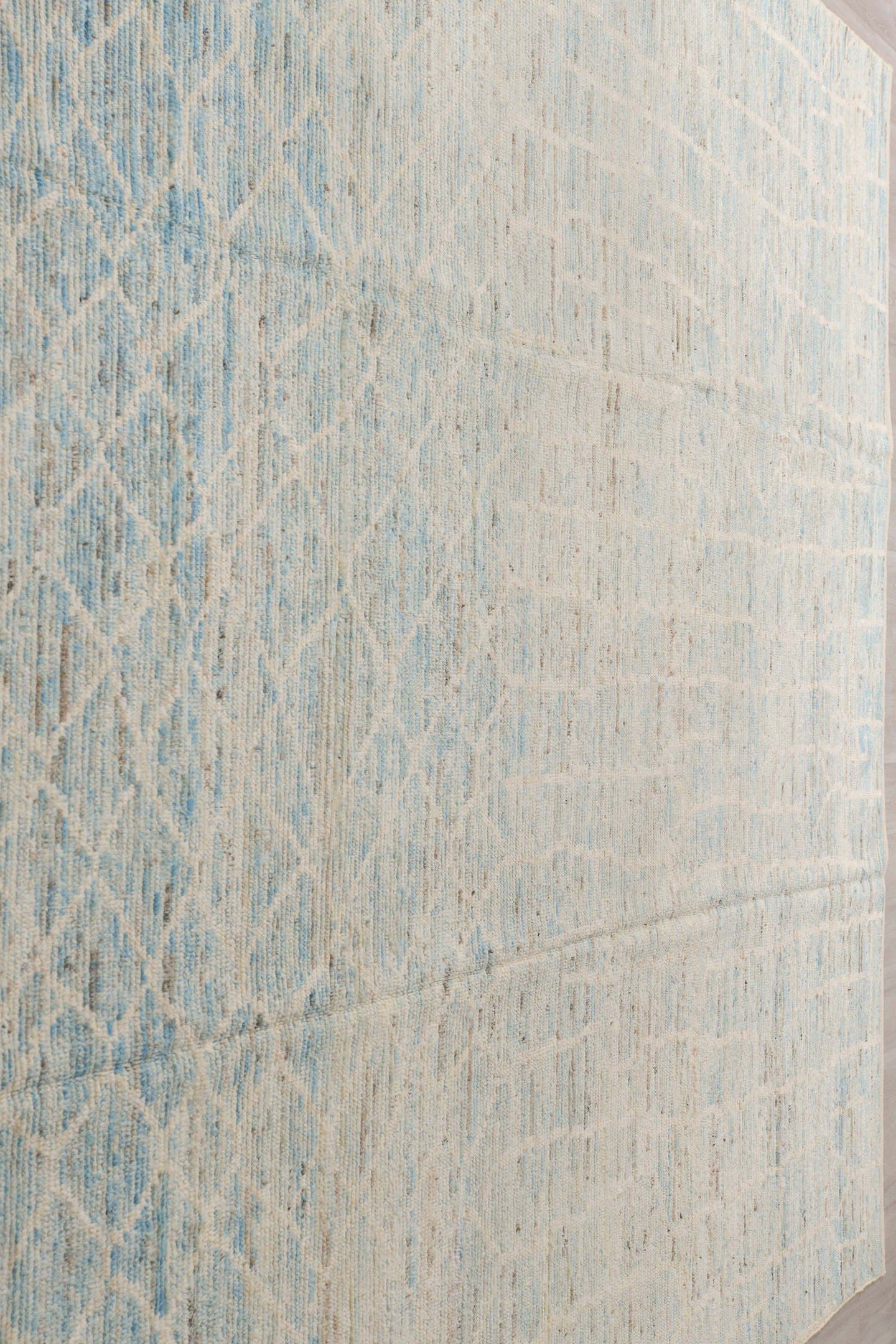 10' x 14' one-of-a-kind handmade vintage Tulu large size rug. Color palette: ivory, pale blue, cream, taupe, light gray