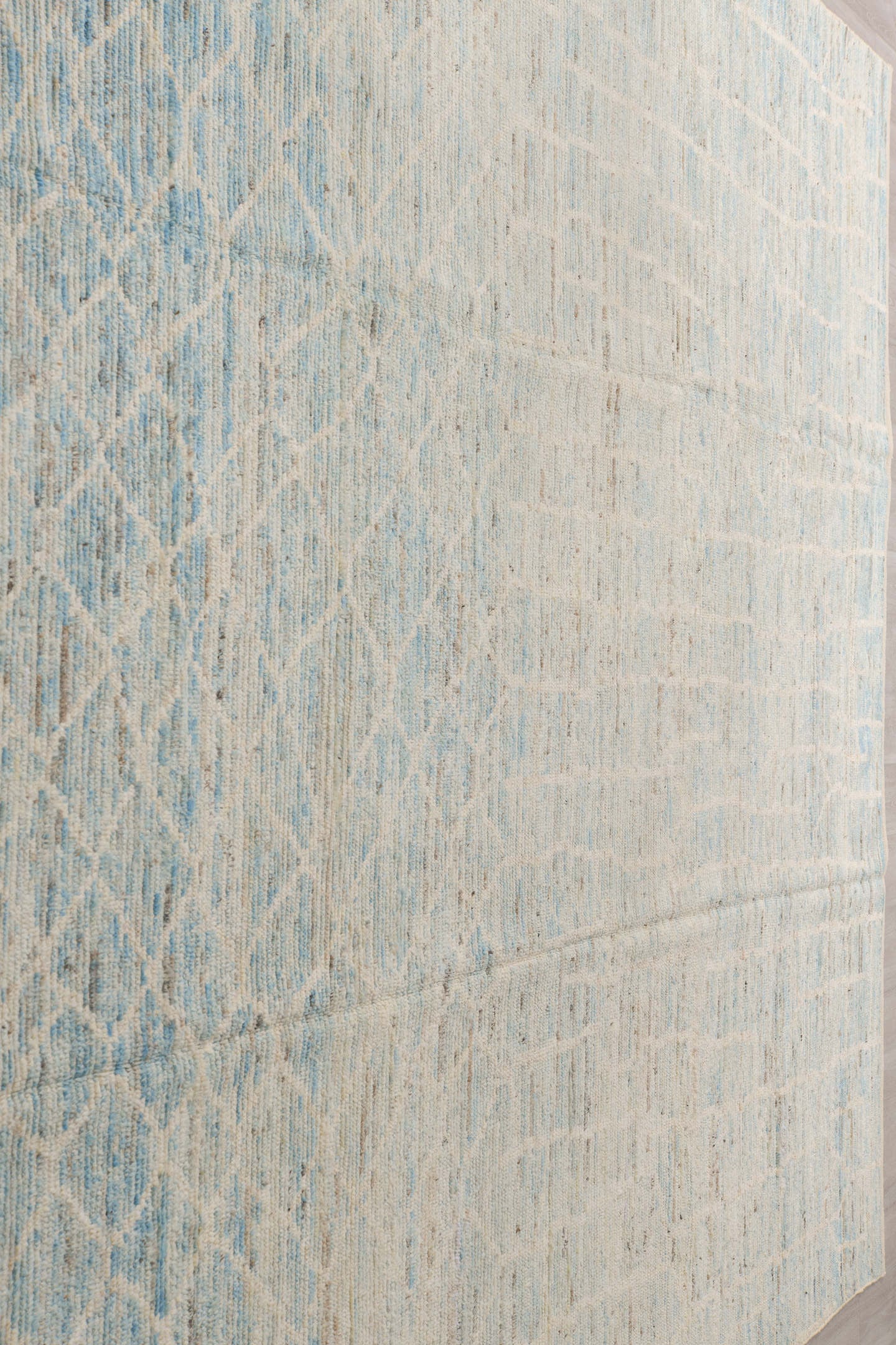 10' x 14' one-of-a-kind handmade vintage Tulu large size rug. Color palette: ivory, pale blue, cream, taupe, light gray
