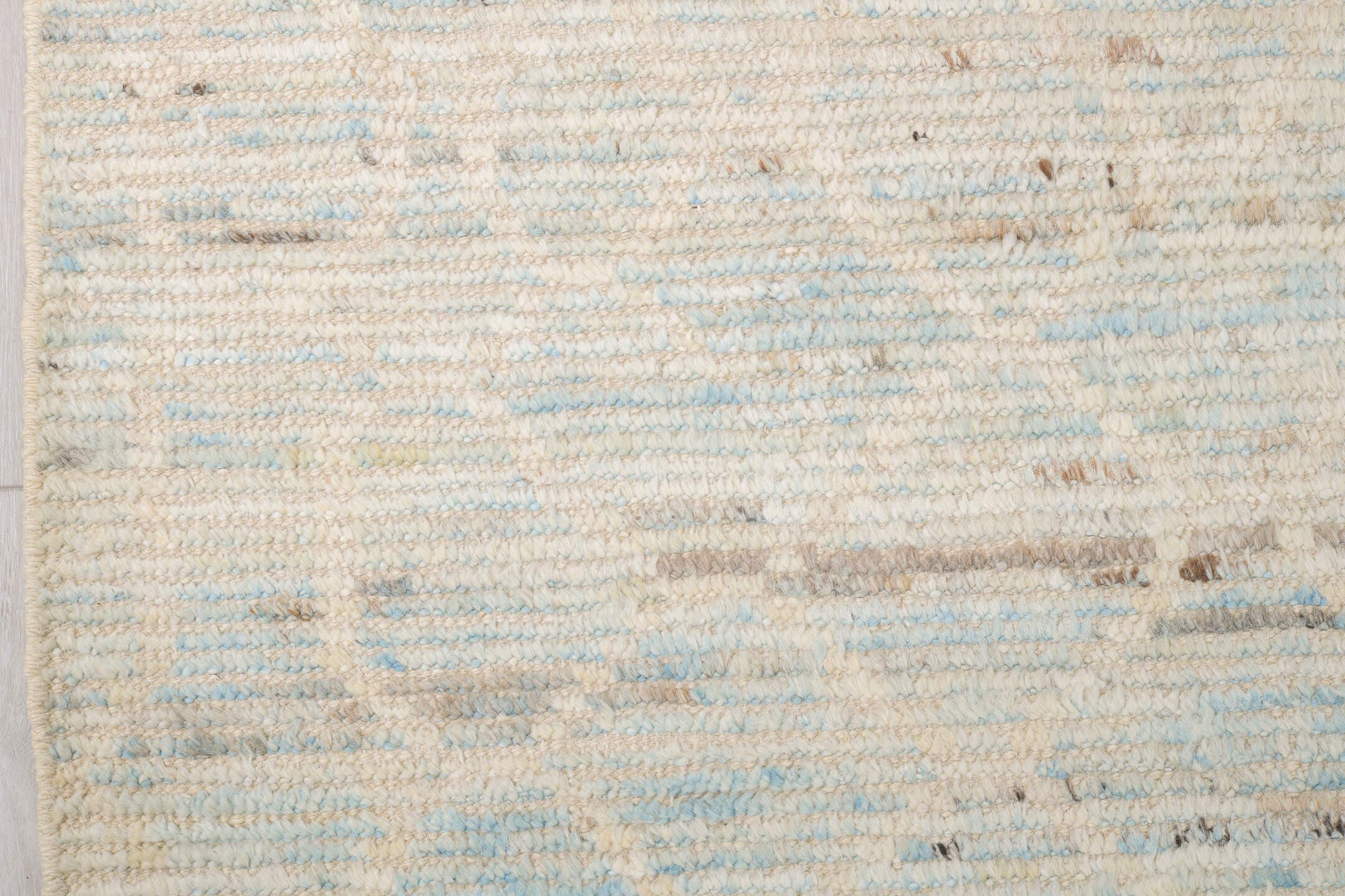 10' x 14' one-of-a-kind handmade vintage Tulu large size rug. Color palette: ivory, pale blue, cream, taupe, light gray