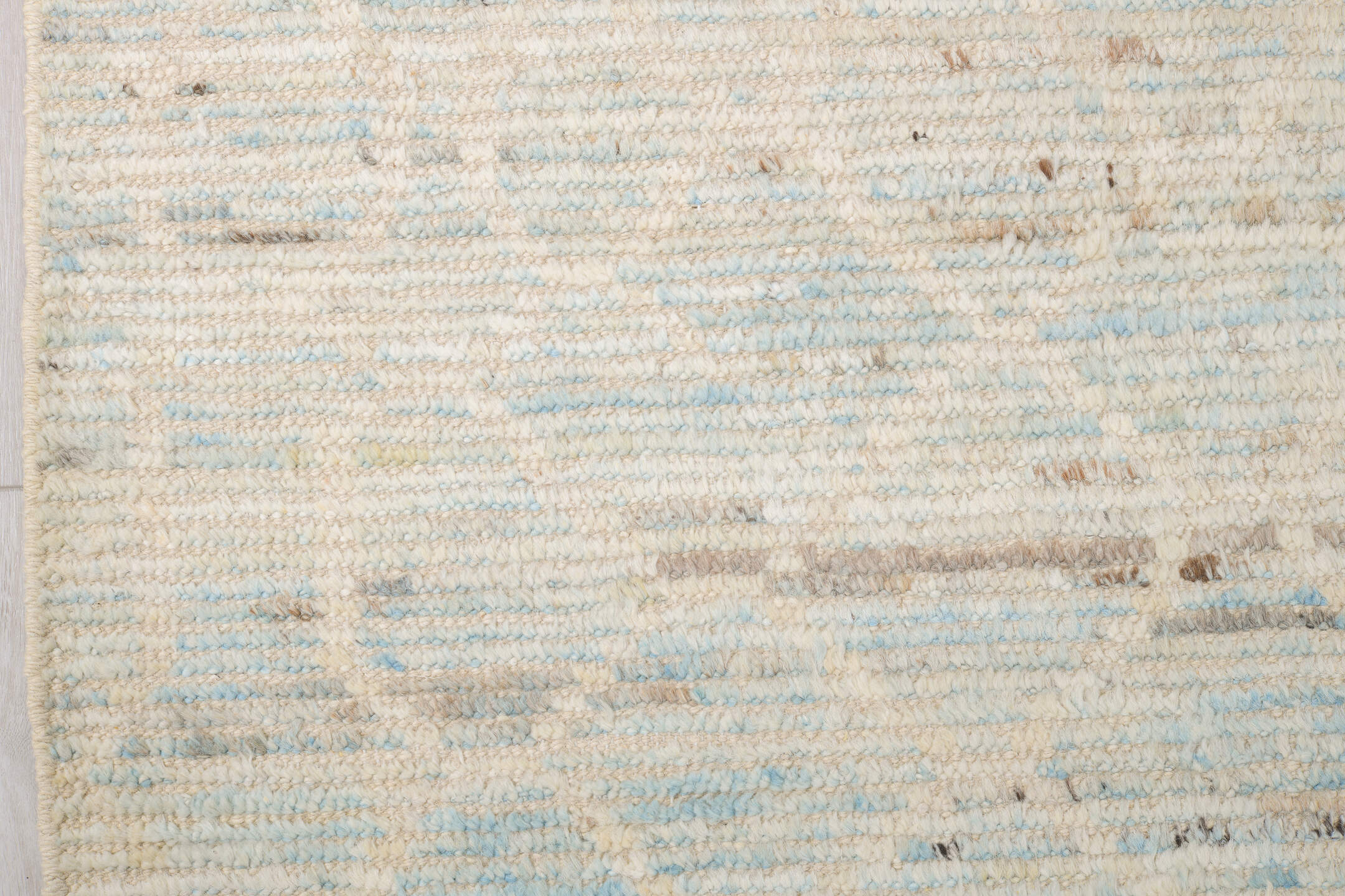 10' x 14' one-of-a-kind handmade vintage Tulu large size rug. Color palette: ivory, pale blue, cream, taupe, light gray