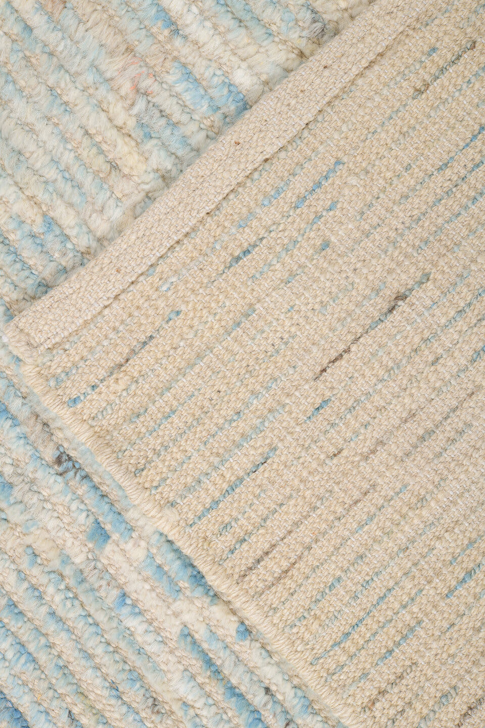 10' x 14' one-of-a-kind handmade vintage Tulu large size rug. Color palette: ivory, pale blue, cream, taupe, light gray
