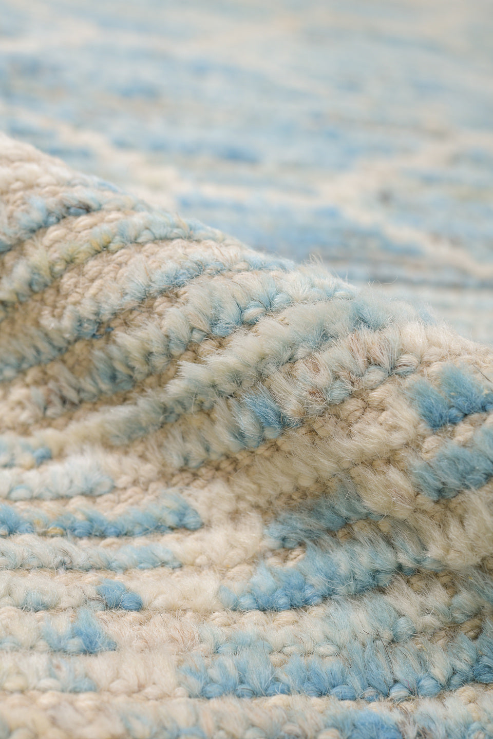 10' x 14' one-of-a-kind handmade vintage Tulu large size rug. Color palette: ivory, pale blue, cream, taupe, light gray