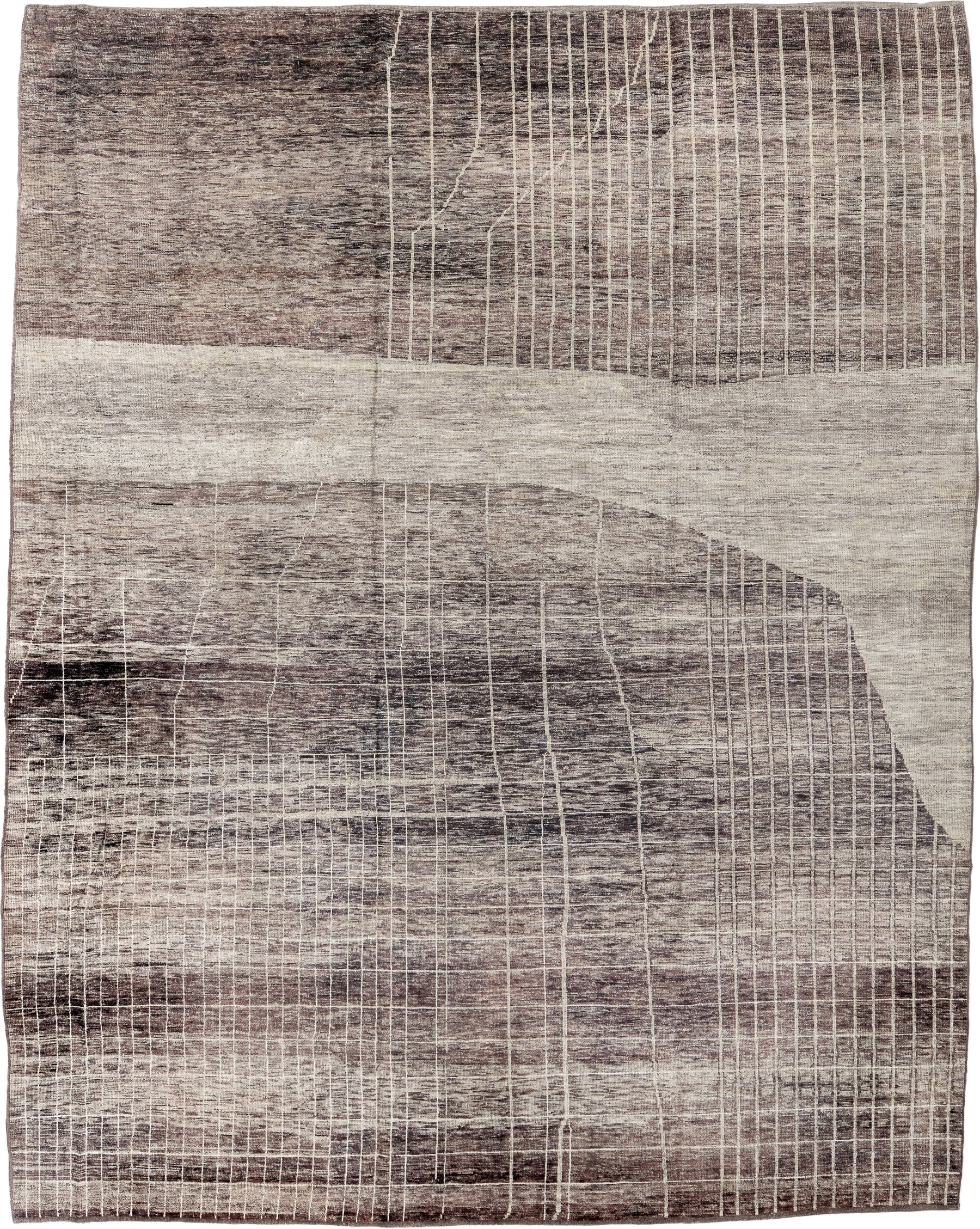 10' x 13' one-of-a-kind handmade vintage Tulu large size rug. Color palette: brown, ivory, taupe, charcoal, cream, beige