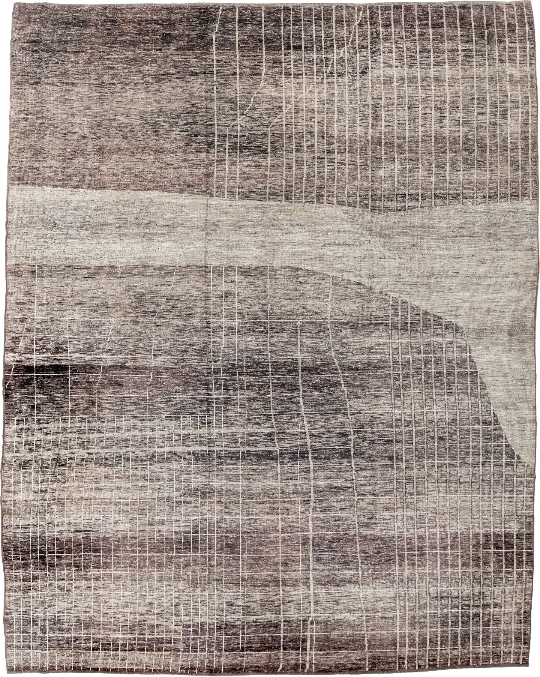 10' x 13' one-of-a-kind handmade vintage Tulu large size rug. Color palette: brown, ivory, taupe, charcoal, cream, beige