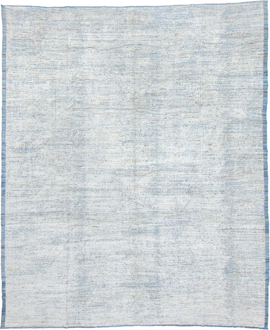 13' x 16' one-of-a-kind handmade vintage Tulu oversize rug. Color palette: ivory, pale blue, cream, light gray, light blue