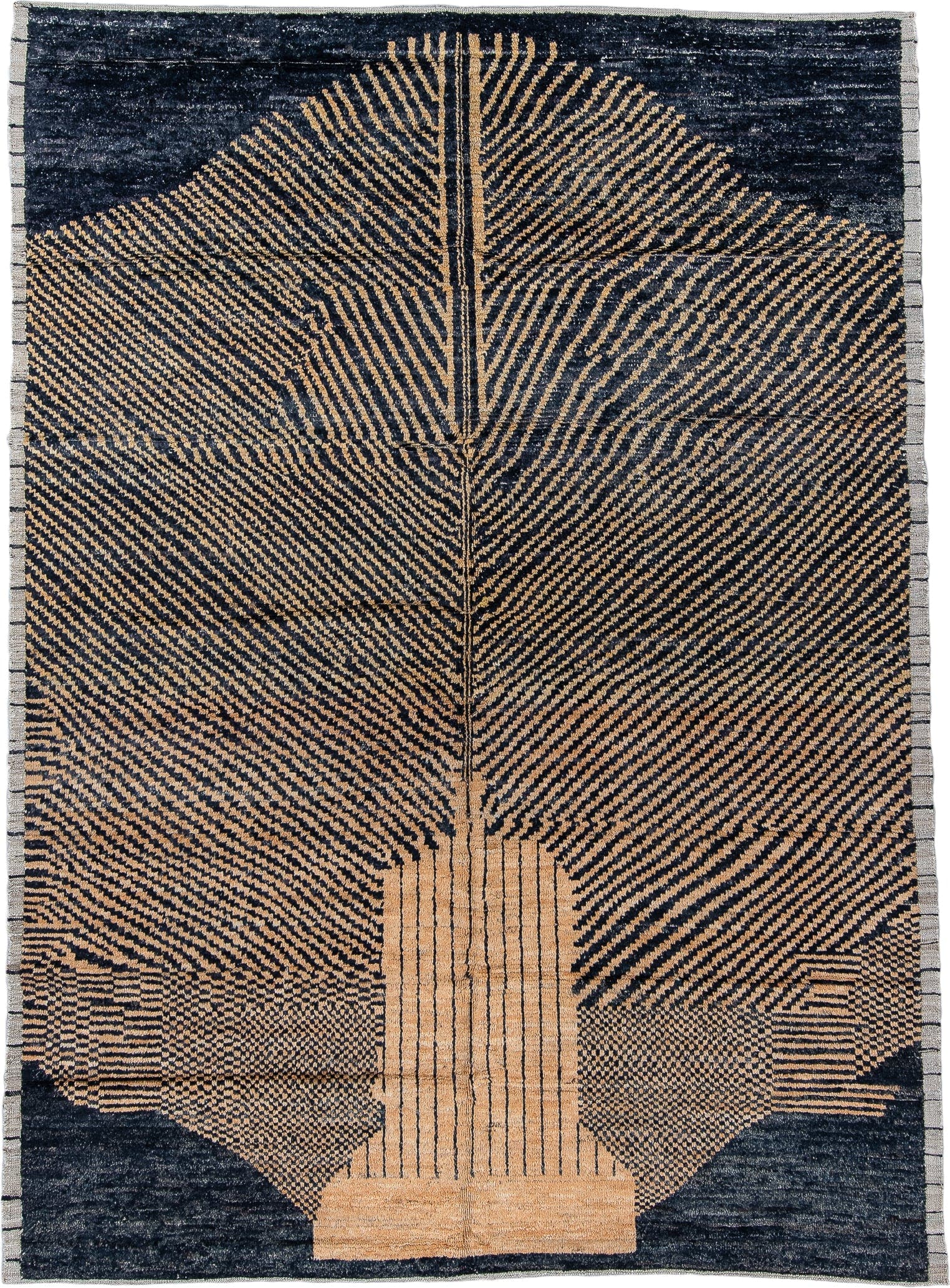 7' x 9' one-of-a-kind handmade vintage Tulu rug. Color palette: charcoal, camel, ivory, gray, black, beige