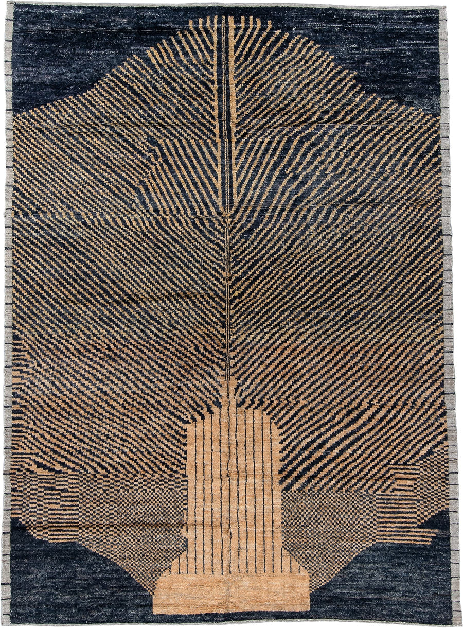 7' x 9' one-of-a-kind handmade vintage Tulu rug. Color palette: charcoal, camel, ivory, gray, black, beige